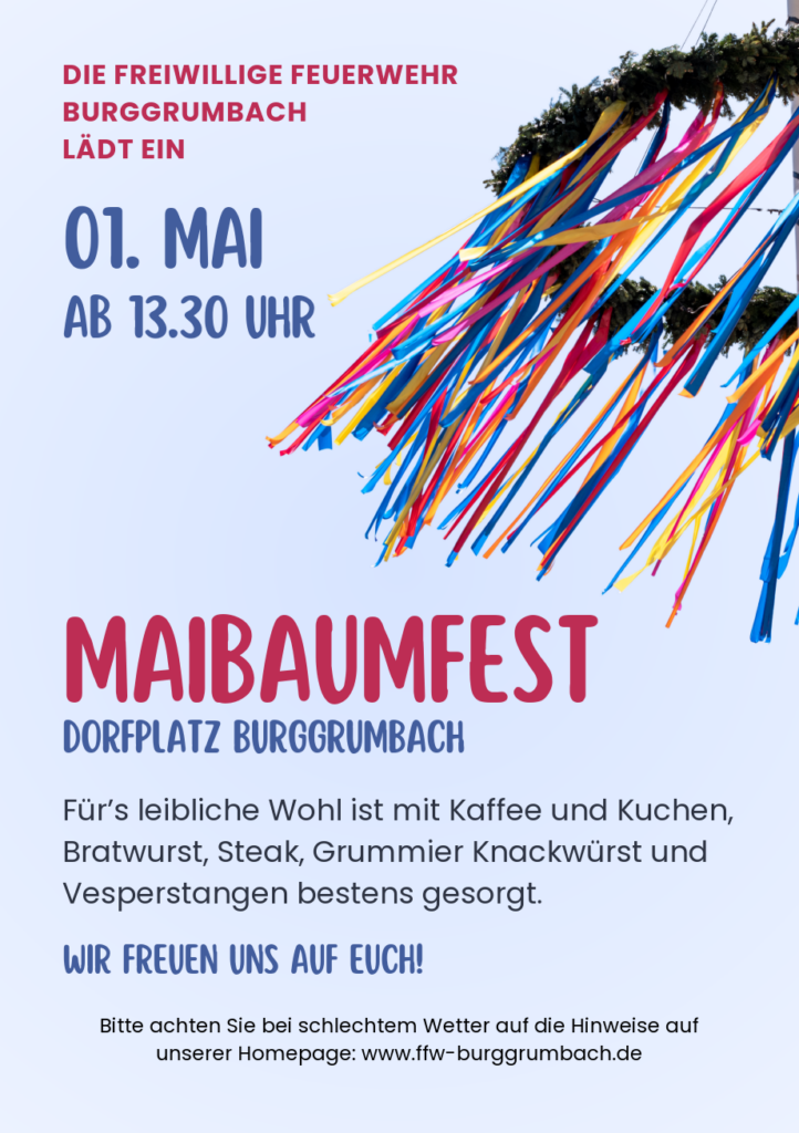 Einladungsschreiben zur Maibaumaufstellung am 01.05.2026 ab 13:30 Uhr am Dorfplatz in Burggrumbach.